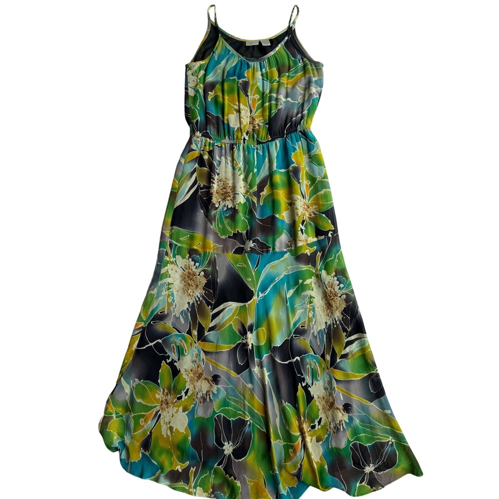 Spiegel Vintage Silk Floral Maxi Dress Green Watercolor Spaghetti Strap Tiered